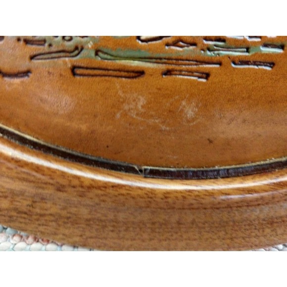 Vintage Tooled Leather Wall Hanging Picture Round Wood Handmade cottage hippie - Picture 6 of 10